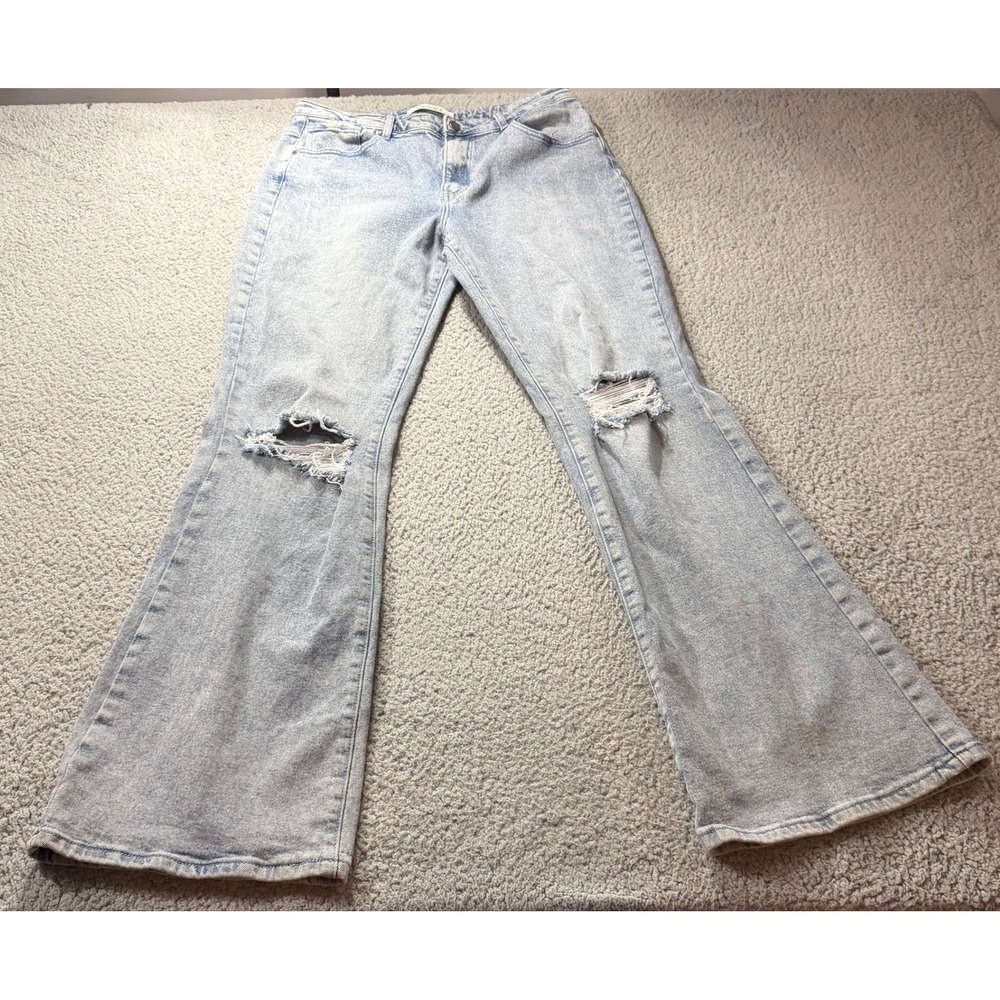 Dogma Light Wash Distressed Flare Jeans High Rise Ripped Knee Denim Womens